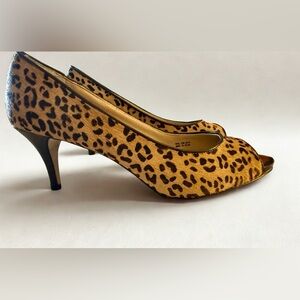 Ellen Tracy VANNA Leather w/ Fur Overlay Leopard Print Peep Toe Pump 8 1/2 NWT
